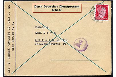 Tysk 12 pfg. Hitler udg. på fortrykt Durch Deutsches Dienspostamt Oslo kuvert stemplet Deutsches Dienstpostamt Oslo d. 22.6.1943 til Berlin, Tyskland. Sendt fra Organisation Todt i Oslo. Passér stempel Ao fra den tyske censur i Oslo.