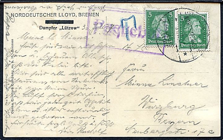 5 pfg. Schiller (2) på brevkort (NDL Dampfer Lützow) annulleret med uldent skibsstempel Deutsche Seepost Nordkapfahrt / Norddeutscher Lloyd d. 30.7.1927 til Würzburg, Tyskland.