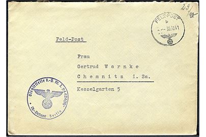 Ufrankeret tysk feltpostbrev stemplet Feldpost b d. 30.10.1941 til Chemnitz, Tyskland. Tydeligt briefstempel Dienststelle F.-P. Nr. L 24424(N) Lg.-Postamt Berlin (= Kommando Flughafenbereich 24/III i Trondheim, Norge).