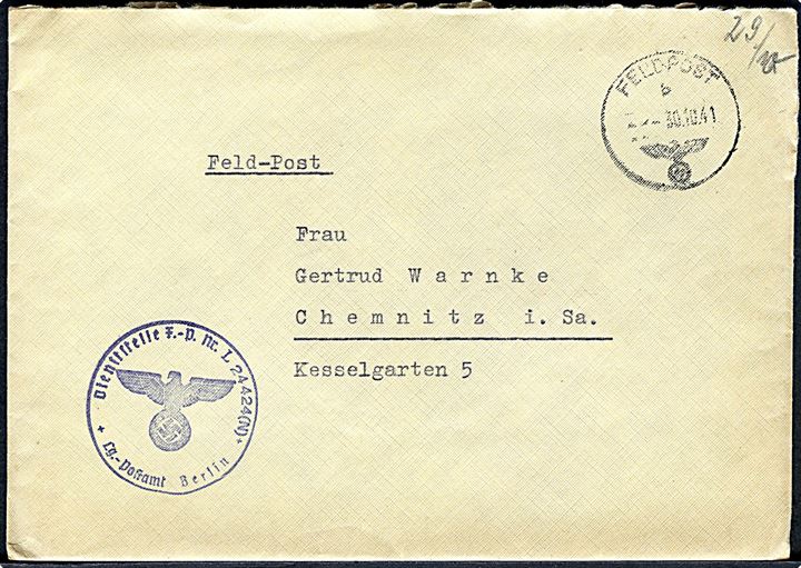 Ufrankeret tysk feltpostbrev stemplet Feldpost b d. 30.10.1941 til Chemnitz, Tyskland. Tydeligt briefstempel Dienststelle F.-P. Nr. L 24424(N) Lg.-Postamt Berlin (= Kommando Flughafenbereich 24/III i Trondheim, Norge).