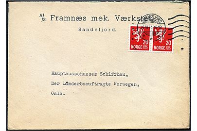 20 øre Løve i parstykke på brev fra Sandefjord d. 24.6.1944 til Oslo.