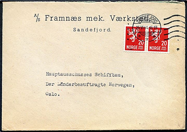 20 øre Løve i parstykke på brev fra Sandefjord d. 24.6.1944 til Oslo.