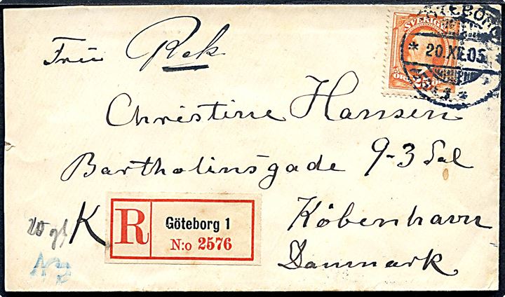 25 öre Oscar II single på anbefalet brev fra Göteborg d. 20.12.1905 til København, Danmark.