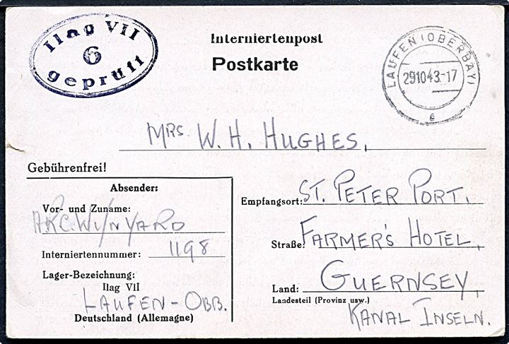 Ufrankeret fortrykt interneretpost brevkort fra britisk civil interneret i Ilag VII stemplet Laufen d. 29.10.1943 til Guernsey, Channel Islands. Lokal Ilag censur.