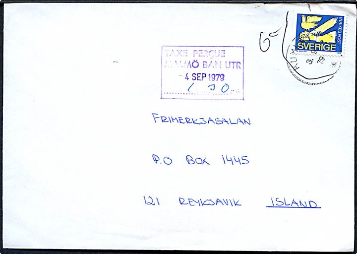 Indenrigspost mærke markeret ugyldig på brev fra Kumla d. 3.9.1979 til Reykjavik, Island. Violet rammestempel: Taxe Percue Malmö Ban Utr 1 cour 30 öre d. 4.9.1979.