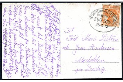 7½ pfg. Germania på brevkort annulleret Tondern - Hvidding Bahnpost Zug 1229 d. 26.8.1918 til Döstrup