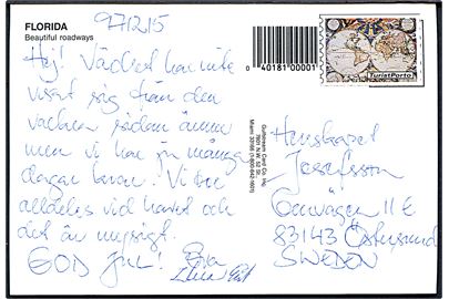 Turistporto mærke på brevkort fra Florida, USA dateret d.- 15.12.1997 til Östersund, Sverige.