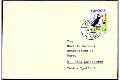 180 øre Søfugl på brev annulleret med pr.-stempel Porkere pr. Vágur d. 3.8.1978 til Lütjenburg, Tyskland.