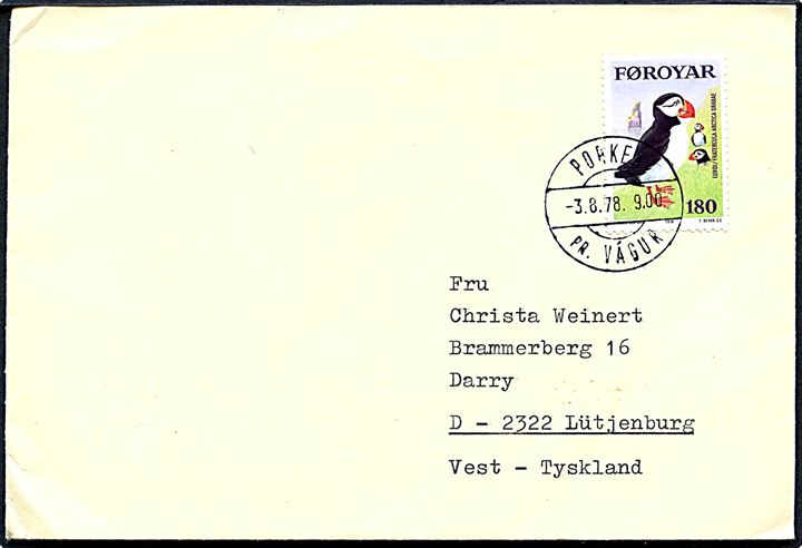 180 øre Søfugl på brev annulleret med pr.-stempel Porkere pr. Vágur d. 3.8.1978 til Lütjenburg, Tyskland.