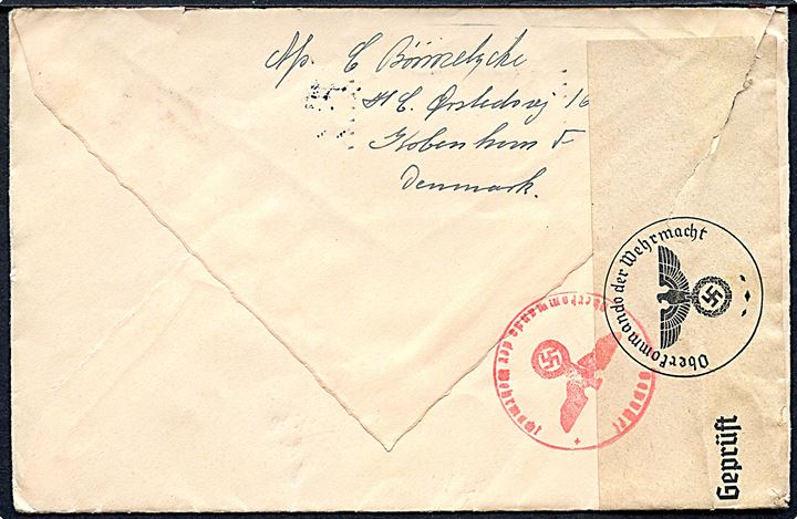 15 øre Karavel (2) på brev fra København d. 29.4.1940 til Nörrköping, Sverige. Åbnet af tysk censur i Berlin eller Hamburg.