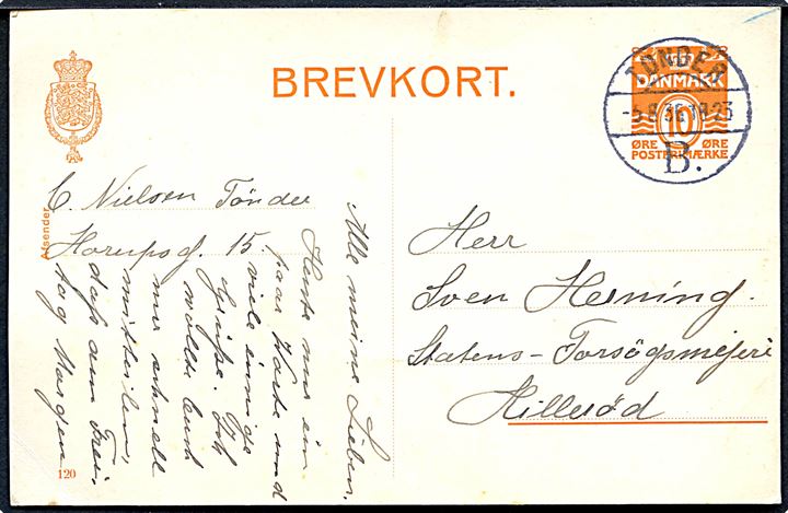 10 øre helsagsbrevkort (fabr. 120) annulleret med brotype Vc Tønder B. d. 5.8.1936 til Hillerød.