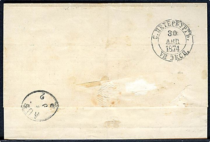 40 pen. rosa single på brevomslag annulleret med rammestempel Raumo d. 6.9.1874 via St. Petersburg til Lübeck. Vandret fold gennem mærke.