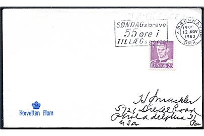 25 øre Fr. IX på tryksag fra København d. 12.11.1963 til Philadelphia, USA. Skibsstempel (krone)/Korvetten Flora.