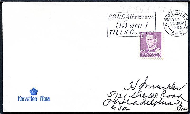 25 øre Fr. IX på tryksag fra København d. 12.11.1963 til Philadelphia, USA. Skibsstempel (krone)/Korvetten Flora.