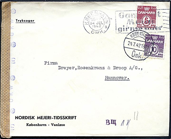 5 øre og 10 øre Bølgelinie på tryksag fra København d. 24.7.1942 til Hannover, Tyskland. Åbnet af tysk censur i Hamburg.