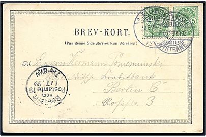 5 øre Våben i parstykke på brevkort (Hilsen fra Kjøbenhavn med Langelinie) annulleret med bureaustempel Sjællandske Kystbane T.132 d. 29.6.1899 til Berlin, Tyskland.
