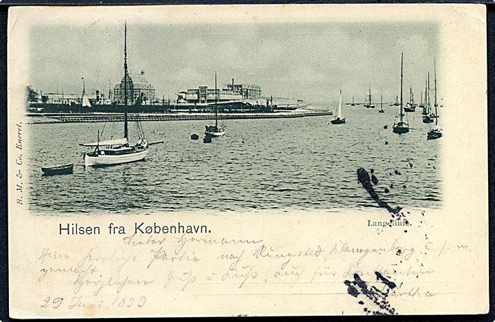 5 øre Våben i parstykke på brevkort (Hilsen fra Kjøbenhavn med Langelinie) annulleret med bureaustempel Sjællandske Kystbane T.132 d. 29.6.1899 til Berlin, Tyskland.
