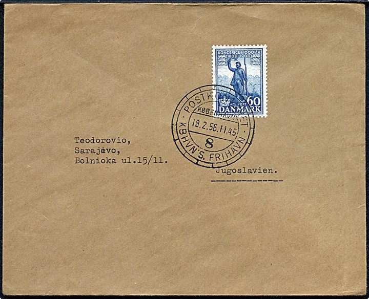 60 øre 1000 års udg. single på brev annulleret med særstempel Postkontoret Kbhvn's Frihavn København 8 d. 18.2.1956 til Saravejo, Jugoslavien.