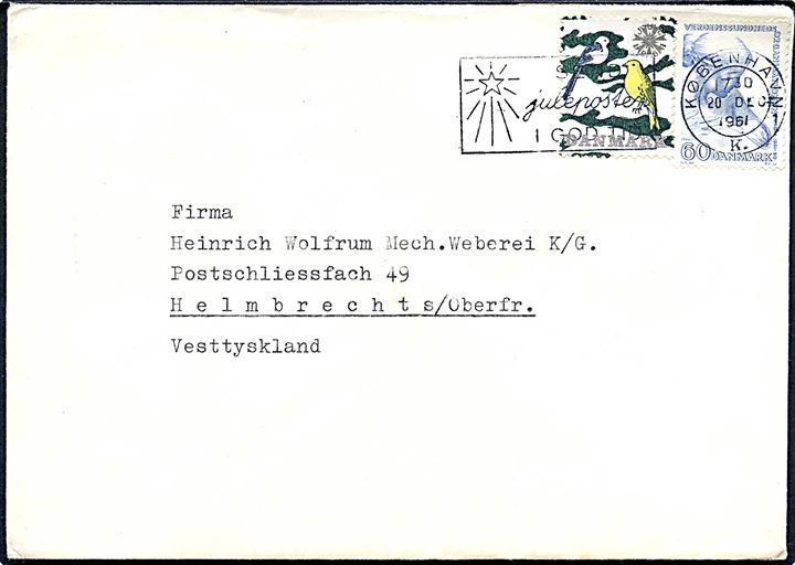 60 øre WHO møde og Julemærke 1961 på brev fra København d. 20.12.1961 til Helmbrechts, Tyskland.