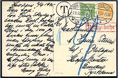 5 øre og 10 øre Bølgelinie på underfrankeret brevkort fra Horsens d. 2.9.1935 til sømand ombord på M/S Bretagne i Emden, Tyskland. Dansk T stempel og udtakseret i 9 pfg. tysk porto.