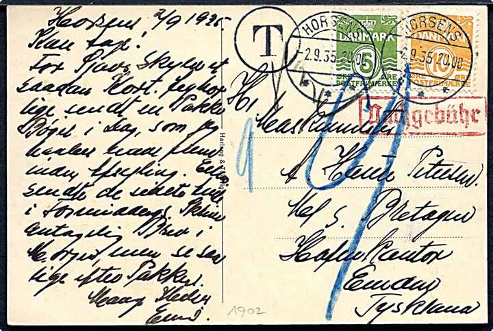 5 øre og 10 øre Bølgelinie på underfrankeret brevkort fra Horsens d. 2.9.1935 til sømand ombord på M/S Bretagne i Emden, Tyskland. Dansk T stempel og udtakseret i 9 pfg. tysk porto.