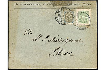 3 øre Tofarvet og 5 øre Våben helsagsafklip på brev fra Nykjøbing i Jylland d. 29.6.1898 til Skive.