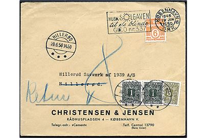 6 øre Bølgelinie på underfrankeret tryksag fra København d. 19.6.1950 til Hillerød. Udtakseret i porto med 1 øre (2) og 6 øre Portomærke stemplet Hillerød d. 20.6.1950. Retur som modtagelse nægtet.