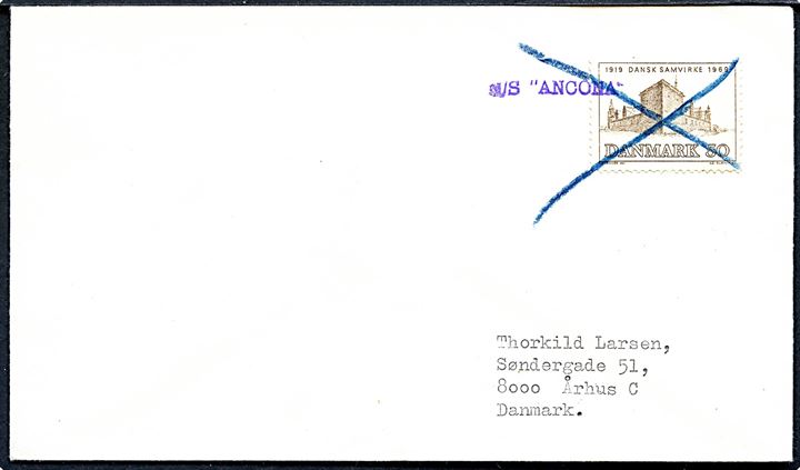 50 øre Dansk Samvirke på skibsbrev annulleret med blækkryds og privat skibsstempel M/S Arcona til Århus, Danmark. På bagsiden transitstemplet Kowloon, Hong Kong d. 26.1.1970.
