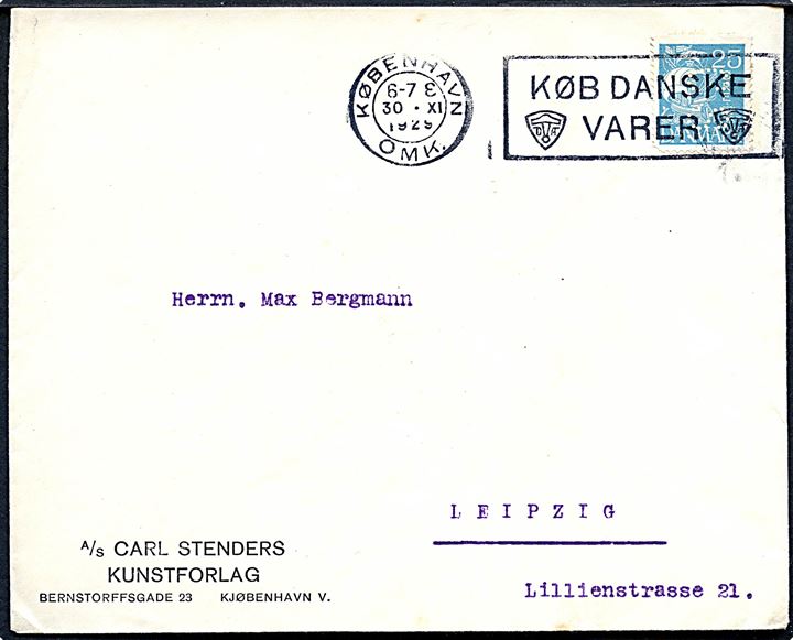 25 øre Karavel med perfin C.S. på firmakuvert fra A/S Carl Stenders Kunstforlag i København d. 30.11.1931 til Leipzig, Tyskland.