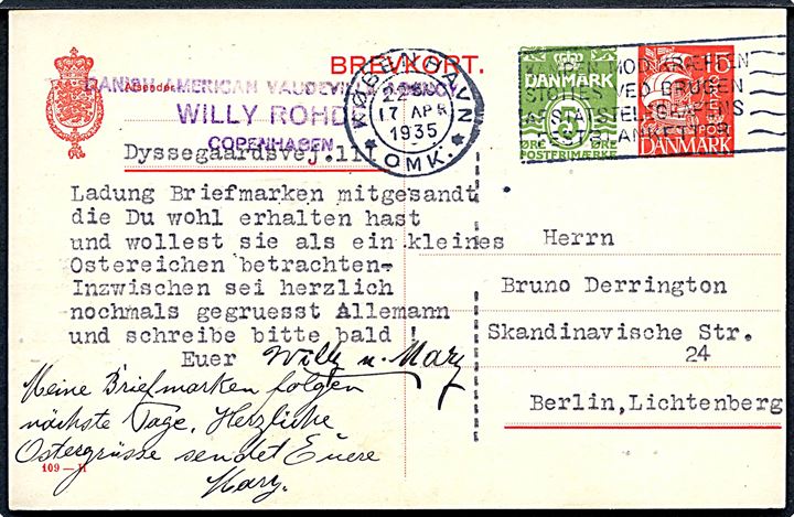 15 øre + 5 øre provisorisk helsagsbrevkort (fabr. 109-H) fra København d. 17.4.1935 til Berlin, Tyskland.