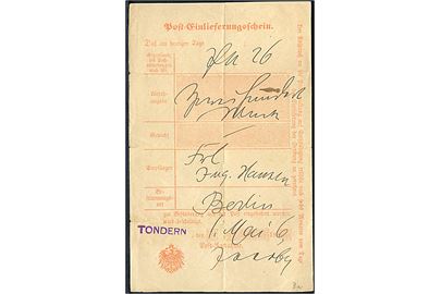 Postkvittering med liniestempel Tondern dateret d. 1.5.1896.