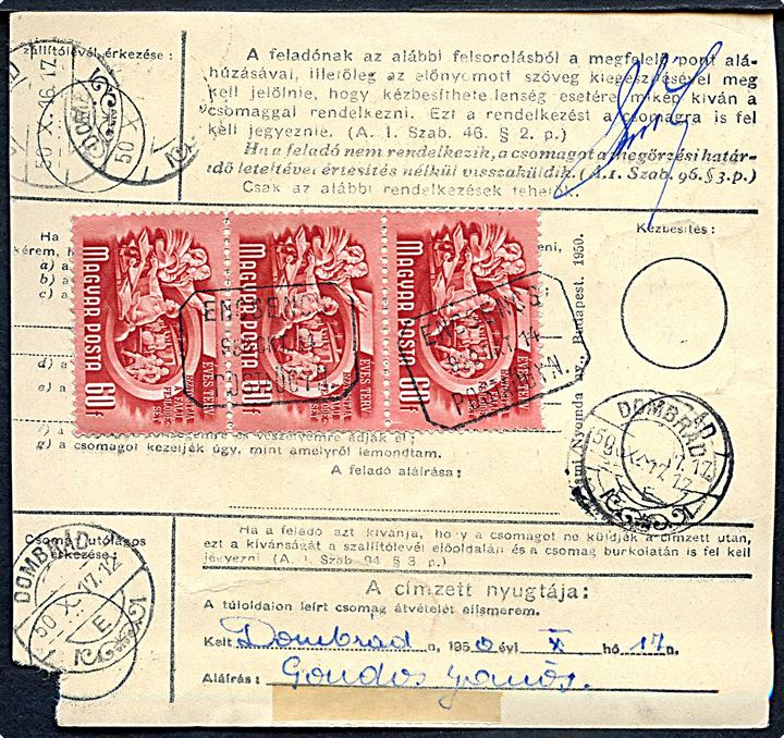 60 f. (5) på for- og bagside af adressekort for pakke fra Encsencs d. 14.10.1950 til Dombrad.