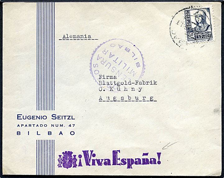 50 cts. Isabel single på brev fra Bilbao d. 12.5.1938 til Augsburg, Tyskland. Lokal spansk censur fra Bilbao og liniestempel Viva Espana!.