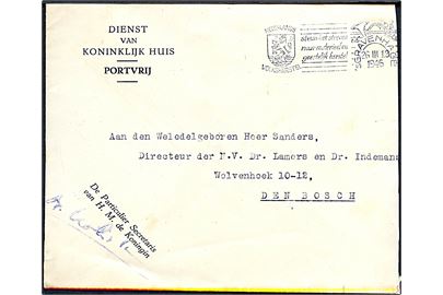 Ufrankeret fortrykt tjenestekuvert fra det Kongelige Hof stemplet 's Gravenhage d. 26.3.1946 til Den Bosch.