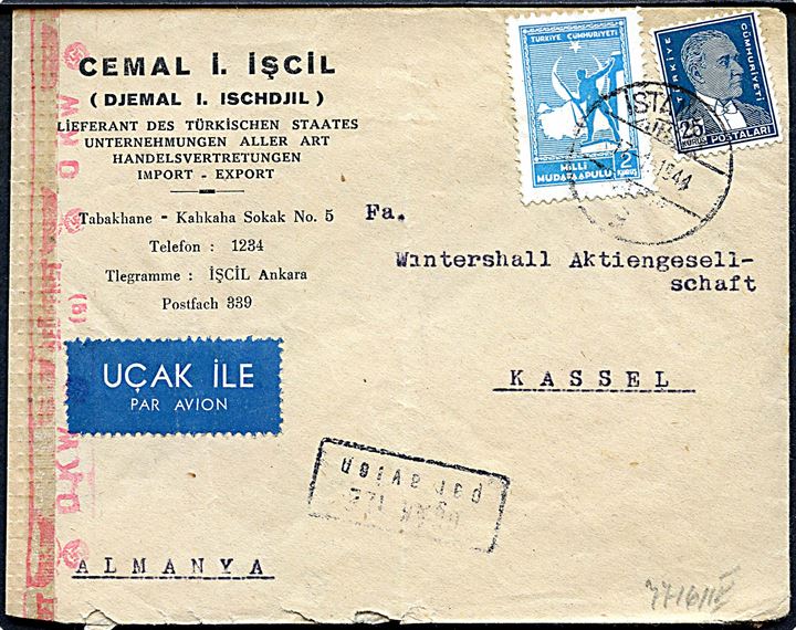 2 k. og 25 k. på luftpostbrev fra Istanbul d. 17.1.1944 til Kassel, Tyskland. Åbnet af tysk censur i Wien.