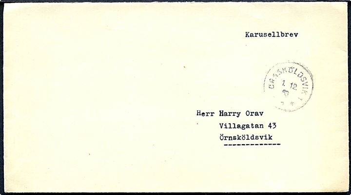 Ufrankeret brev påskrevet Karusellbrev sendt lokalt i Örnsköldsvik d. 1.12.1963.