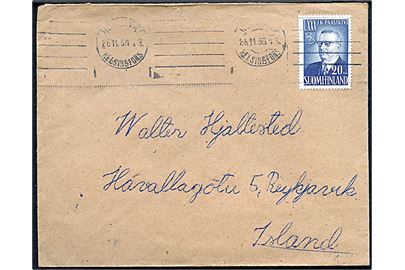 20 mk. Paasikivi 80 år single på brev fra Helsinki d. 28.11.1950 til Reykjavik, Island.
