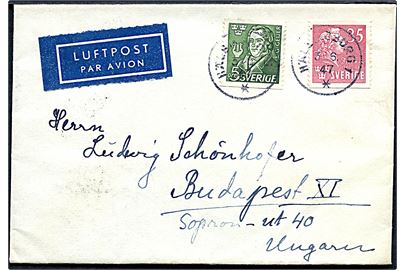 5 öre Geijer og 35 öre Bellman på luftpostbrev fra Hälsingborg d. 3.6.1947 til Budapest, Ungarn.