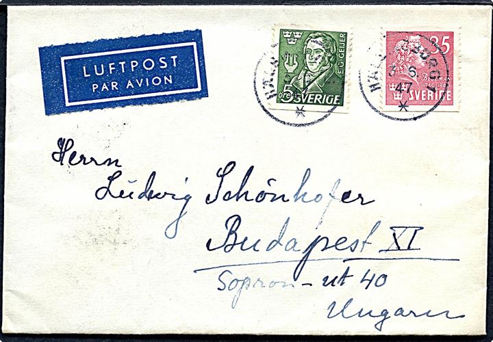 5 öre Geijer og 35 öre Bellman på luftpostbrev fra Hälsingborg d. 3.6.1947 til Budapest, Ungarn.