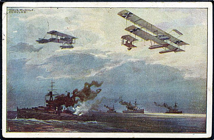 Schultze, Hans Rudolf: Vandfly over den britiske flåde. Deutscher Luftflotten-Verein. Anvendt som feltpost med bureaustempel Kiel-Neumünster d. 16.6.1915.