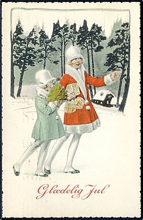 W. K.: Glædelig Jul. Piger med pakker, går ude i sneen. No. 6. 