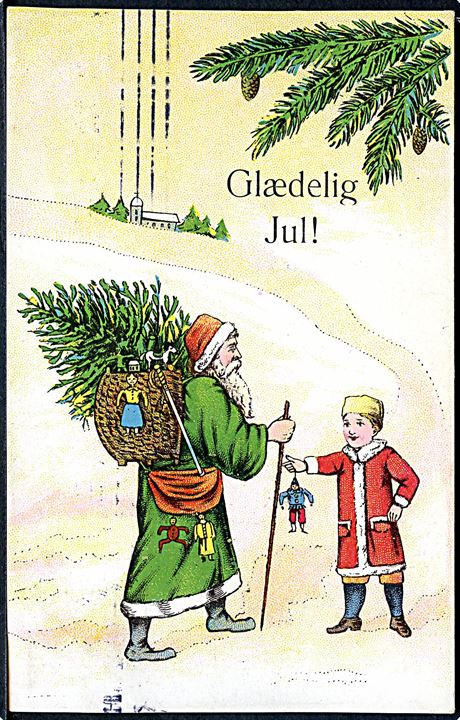 Glædelig Jul. Dreng får dukke af Julemanden, der er iført grøn kåbe. No. 352. 