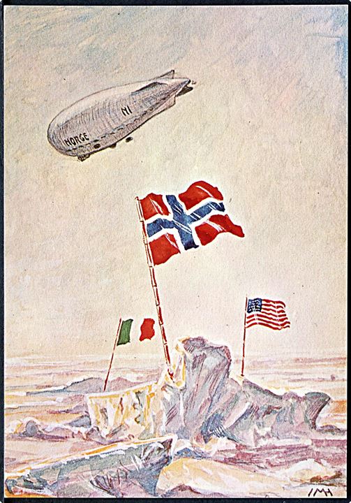 IMH: Den første flukt over Polhavet med luftskibet Norge, Nordpolen 12 Maj 1926. Knut Aüne u/no. Jubilæumskort stemplet Ny-Ålesund på Svalbard d. 11.5.1976.