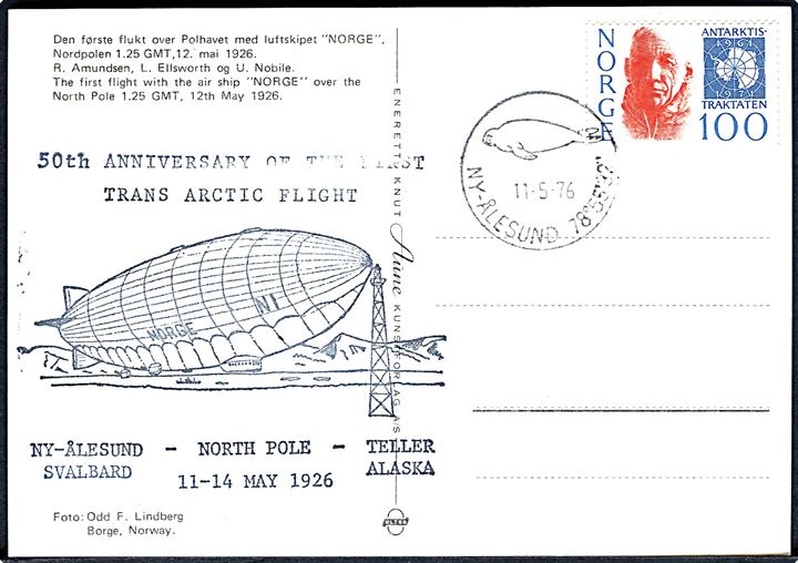 IMH: Den første flukt over Polhavet med luftskibet Norge, Nordpolen 12 Maj 1926. Knut Aüne u/no. Jubilæumskort stemplet Ny-Ålesund på Svalbard d. 11.5.1976.