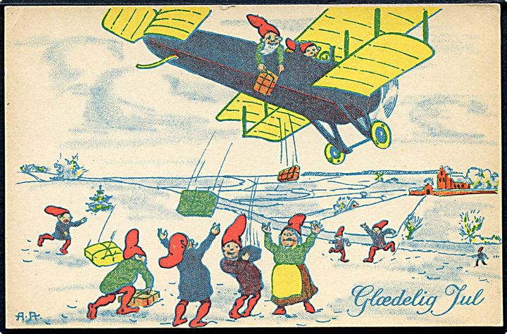 A. A.: Glædelig Jul. Nisser kaster pakker ud fra flyvemaskine. Ed. F. Ph. no. 3101/7. 