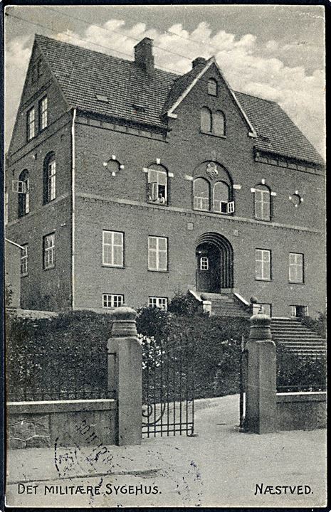 Næstved. Det militære Sygehus. Jens Rye u/no. Frankeret med 3 øre helsagsafklip og sendt lokalt fra Næstved d. 30.11.1915 til Kyse pr. Hyllinge.