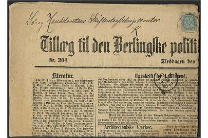 4 øre Tofarvet single på komplet avis: Tillæg til Berlingske politiske og Avertissements-Tidende d. 30.12.1889 stemplet Kjøbenhavn d. 7.1.1890 til København. Svag takning.