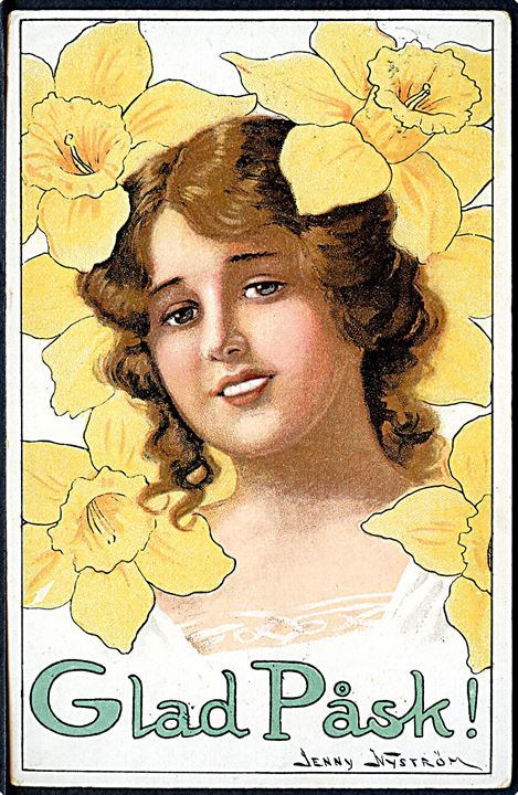 Jenny Nystrøm: Glad Påsk! Pige omgivet af gule blomster. Axel Eliassons Kunstforlag no. 6225. 