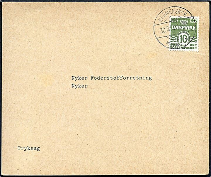 10 øre Bølgelinie single på tryksag annulleret med brotype IIc Klemensker d. 30.11.1951 til Rønne.