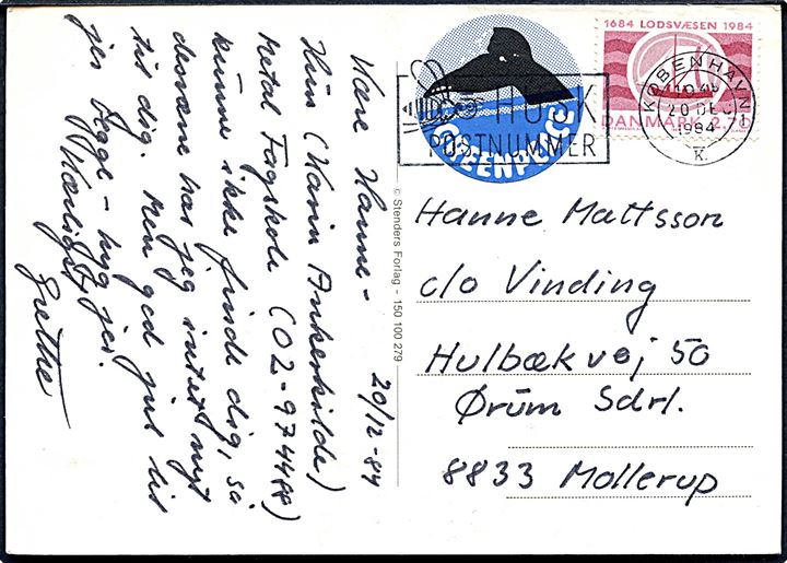 2,70 kr. Lodsvæsen og Greenpeace mærkat på brevkort fra København d. 20.12.1984 til Mollerup.